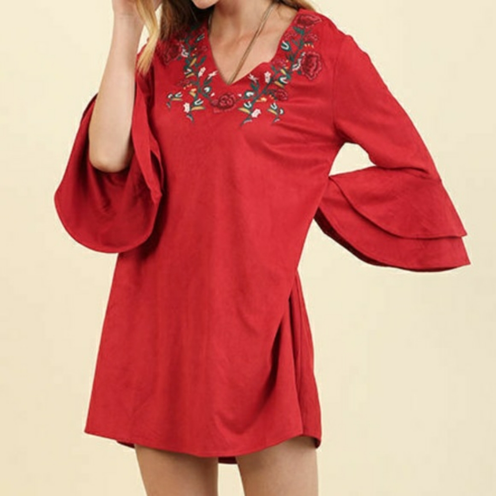 Umgee Large Red Suede Floral Dress